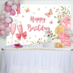 Lofaris Toile de fond joyeux anniversaire rose avec fleurs et coupes de champagne, élégant décor de fête pour séance photo et célébration