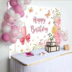 Lofaris Toile de fond joyeux anniversaire rose avec fleurs et coupes de champagne, élégant décor de fête pour séance photo et célébration