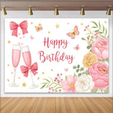 Lofaris Toile de fond joyeux anniversaire rose avec fleurs et coupes de champagne, élégant décor de fête pour séance photo et célébration