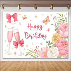 Lofaris Toile de fond joyeux anniversaire rose avec fleurs et coupes de champagne, élégant décor de fête pour séance photo et célébration