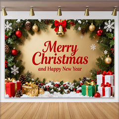 Lofaris Toile de Fond de Fête Joyeux Noël et Bonne Année, Décoration de Fête Festive Or avec Guirlande et Cadeaux