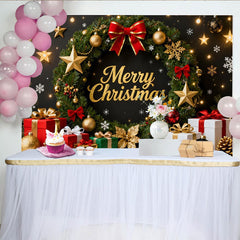 Lofaris Toile de Fond de Fête Élégante Couronne de Joyeux Noël Paillettes Or avec Cadeaux Festifs et Étoiles