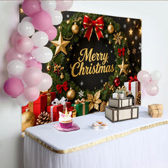 Lofaris Toile de Fond de Fête Élégante Couronne de Joyeux Noël Paillettes Or avec Cadeaux Festifs et Étoiles