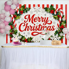 Lofaris Toile de Fond de Fête Joyeux Noël Houx et Baies Sucre d'Orge, Décoration de Fête Festive à Rayures Rouges et Blanches