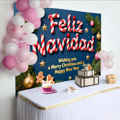 Lofaris Toile de Fond de Fête Lettres Sucre d'Orge Feliz Navidad avec Bonhommes en Pain d'Épices, Décoration Festive Noël Nouvel An