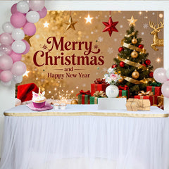 Lofaris Toile de Fond de Fête Joyeux Noël et Bonne Année Paillettes Or avec Arbre et Cadeaux, Décoration de Fête Festive