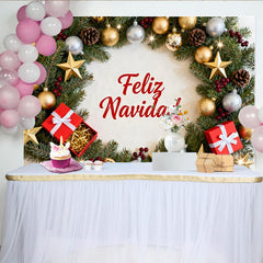 Lofaris Toile de Fond de F¨ºte Festive Couronne de No?l Feliz Navidad, Ornements Or et Argent pour D¨¦coration de F¨ºte