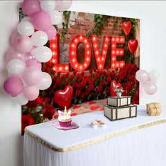 Lofaris Toile de Fond de Fête Lettres LOVE Illuminées Rouges et Ballons Cœur en Roses, Décoration d'Anniversaire Romantique de la Saint-Valentin