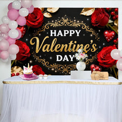 Lofaris Toile de Fond de Fête Bonne Saint-Valentin avec Roses Rouges et Cœurs Paillettes Or, Décoration de Fond Noir