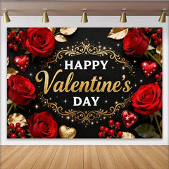 Lofaris Toile de Fond de F¨ºte Bonne Saint-Valentin avec Roses Rouges et C?urs Paillettes Or, D¨¦coration de Fond Noir