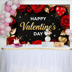 Lofaris Toile de Fond de Fête Élégante Bonne Saint-Valentin Noir et Or, Décoration Romantique Roses Rouges et Cœurs Pailletés
