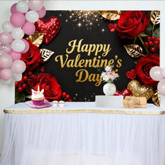 Lofaris Toile de Fond de Fête Élégante Bonne Saint-Valentin Noir et Or Paillettes, Décoration Romantique Roses Rouges et Cœurs