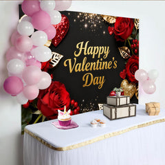 Lofaris Toile de Fond de Fête Élégante Bonne Saint-Valentin Noir et Or Paillettes, Décoration Romantique Roses Rouges et Cœurs