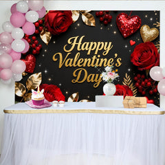 Lofaris Toile de Fond de F¨ºte Bonne Saint-Valentin Noir et Or Paillettes avec Roses Rouges et C?urs, D¨¦coration de C¨¦l¨¦bration Romantique