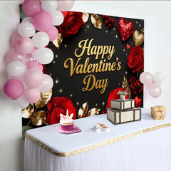 Lofaris Toile de Fond de F¨ºte Bonne Saint-Valentin Noir et Or Paillettes avec Roses Rouges et C?urs, D¨¦coration de C¨¦l¨¦bration Romantique