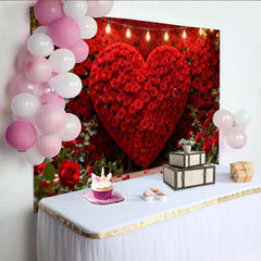 Lofaris Toile de Fond de Fête Élégante Mur de Cœur en Roses Rouges avec Guirlandes Lumineuses, Décoration Romantique Saint-Valentin