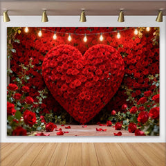 Lofaris Toile de Fond de F¨ºte ¨¦l¨¦gante Mur de C?ur en Roses Rouges avec Guirlandes Lumineuses, D¨¦coration Romantique Saint-Valentin