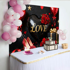 Lofaris Toile de Fond de F¨ºte Ballon C?ur d'Amour Noir et Or avec Roses Rouges, D¨¦coration ¨¦l¨¦gante C¨¦l¨¦bration Saint-Valentin