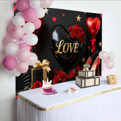 Lofaris Toile de Fond de Fête Ballons Cœur d'Amour Noirs et Rouges, Roses Paillettes Or, Élégante Célébration Saint-Valentin