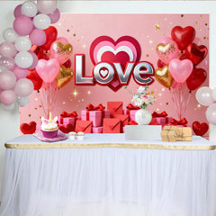 Lofaris Toile de Fond de Fête Ballons Cœur d'Amour Rouge Rose Or et Cadeaux, Décoration Romantique Anniversaire Saint-Valentin