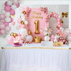 Lofaris Toile de Fond de Fête Élégante Joyeux 1er Anniversaire Rose et Or avec Couronne, Ballons et Décoration Florale pour Fille