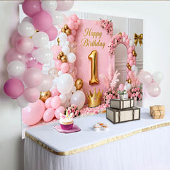 Lofaris Toile de Fond de Fête Élégante Joyeux 1er Anniversaire Rose et Or avec Couronne, Ballons et Décoration Florale pour Fille