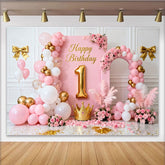 Lofaris Toile de Fond de Fête Élégante Joyeux 1er Anniversaire Rose et Or avec Couronne, Ballons et Décoration Florale pour Fille