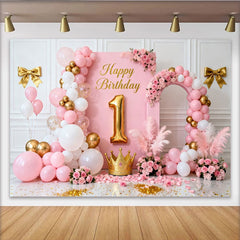 Lofaris Toile de Fond de Fête Élégante Joyeux 1er Anniversaire Rose et Or avec Couronne, Ballons et Décoration Florale pour Fille