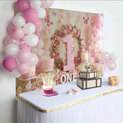 Lofaris Toile de Fond de F¨ºte ¨¦l¨¦gante Couronne Florale Rose Num¨¦ro Un avec Ballons et Papillons, Premier Anniversaire B¨¦b¨¦ Fille
