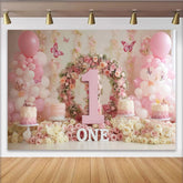Lofaris Toile de Fond de Fête Élégante Couronne Florale Rose Numéro Un avec Ballons et Papillons, Premier Anniversaire Bébé Fille
