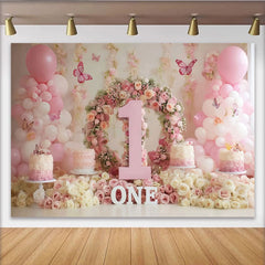 Lofaris Toile de Fond de F¨ºte ¨¦l¨¦gante Couronne Florale Rose Num¨¦ro Un avec Ballons et Papillons, Premier Anniversaire B¨¦b¨¦ Fille