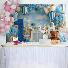 Lofaris Toile de Fond de Fête Premier Anniversaire Montgolfière Rêveuse Bleu et Blanc, Numéro Un et Mignon Ours en Peluche