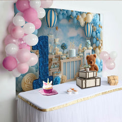 Lofaris Toile de Fond de Fête Premier Anniversaire Montgolfière Rêveuse Bleu et Blanc, Numéro Un et Mignon Ours en Peluche