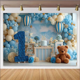 Lofaris Toile de Fond de Fête Premier Anniversaire Montgolfière Rêveuse Bleu et Blanc, Numéro Un et Mignon Ours en Peluche