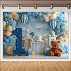 Lofaris Toile de Fond de F¨ºte Premier Anniversaire Montgolfi¨¨re R¨ºveuse Bleu et Blanc, Num¨¦ro Un et Mignon Ours en Peluche