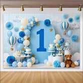 Lofaris Toile de Fond de Fête Premier Anniversaire Montgolfière Rêveuse Bleu et Blanc, Célébration Ciel Nuages et Étoiles