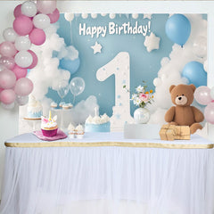 Lofaris Toile de Fond de Fête Joyeux Premier Anniversaire Nuages et Ballons Bleu et Blanc, Décoration de Célébration Numéro Un