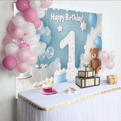 Lofaris Toile de Fond de F¨ºte Joyeux Premier Anniversaire Nuages et Ballons Bleu et Blanc, D¨¦coration de C¨¦l¨¦bration Num¨¦ro Un