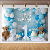 Lofaris Toile de Fond de F¨ºte Joyeux Anniversaire Bleu et Blanc avec Num¨¦ro Un, Ours en Peluche et Ballons