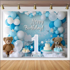 Lofaris Toile de Fond de Fête Joyeux Anniversaire Bleu et Blanc avec Numéro Un, Ours en Peluche et Ballons