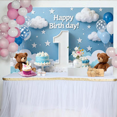 Lofaris Toile de Fond de Fête Joyeux Premier Anniversaire Ciel Bleu avec Nuages, Étoiles, Ballons et Ours en Peluche
