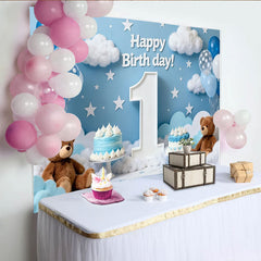 Lofaris Toile de Fond de Fête Joyeux Premier Anniversaire Ciel Bleu avec Nuages, Étoiles, Ballons et Ours en Peluche