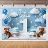 Lofaris Toile de Fond de Fête Joyeux Premier Anniversaire Ciel Bleu avec Nuages, Étoiles, Ballons et Ours en Peluche