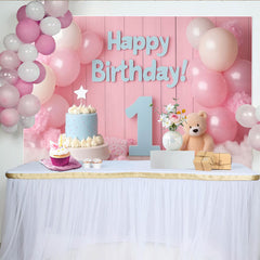Lofaris Toile de Fond de F¨ºte Joyeux 1er Anniversaire Rose et Bleu avec Ballons, Gateau et Ours en Peluche, D¨¦coration Baby Shower