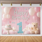 Lofaris Toile de Fond de Fête Joyeux 1er Anniversaire Rose et Bleu avec Ballons et Gâteau, Décoration Ours en Peluche Bébé Fille