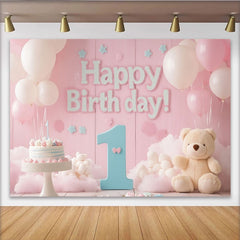 Lofaris Toile de Fond de F¨ºte Joyeux 1er Anniversaire Rose et Bleu avec Ballons et Gateau, D¨¦coration Ours en Peluche B¨¦b¨¦ Fille