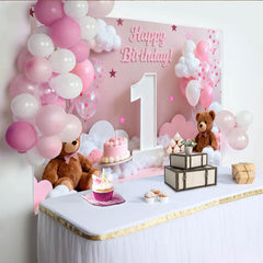 Lofaris Toile de Fond de F¨ºte Joyeux 1er Anniversaire Rose et Blanc avec Ours en Peluche et Ballons, Douce D¨¦coration C¨¦l¨¦bration B¨¦b¨¦ Fille