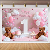 Lofaris Toile de Fond de Fête Joyeux 1er Anniversaire Rose et Blanc avec Ours en Peluche et Ballons, Douce Décoration Célébration Bébé Fille