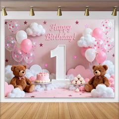 Lofaris Toile de Fond de Fête Joyeux 1er Anniversaire Rose et Blanc avec Ours en Peluche et Ballons, Douce Décoration Célébration Bébé Fille