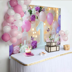 Lofaris Toile de Fond de F¨ºte 1er Anniversaire Ballons Roses et Violets Fleurs avec Papillons, ¨¦l¨¦gante C¨¦l¨¦bration B¨¦b¨¦ Fille